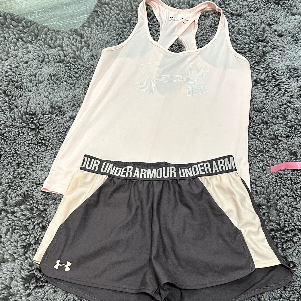 Under Armour Light Pink Top and Dark Shorts Set